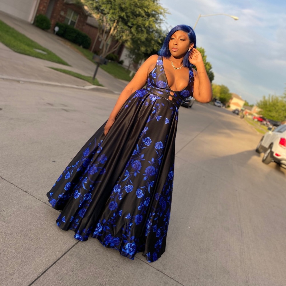 Floral Plunging-V Ball Gown with Embellished Bands